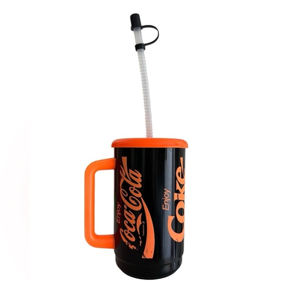 VTG ‘80s Retro Orange & Black Coca-Cola Drinking Cup with Bending Straw - Picture 1 of 5
